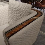 Light Beige Leather Sofa Set with Diamond Quilted Craftsmanship, Natural Wood Veneer & Gold-Tipped Stainless Steel Wooden Legs